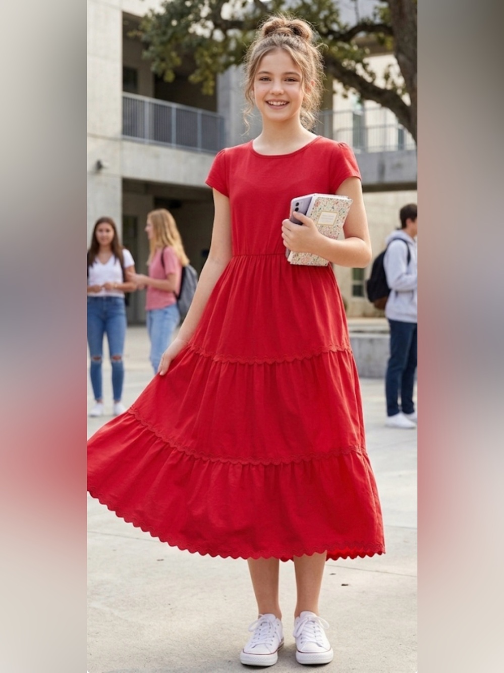New/ Girls Red Tiered Maxi Dress with Short Sleeves